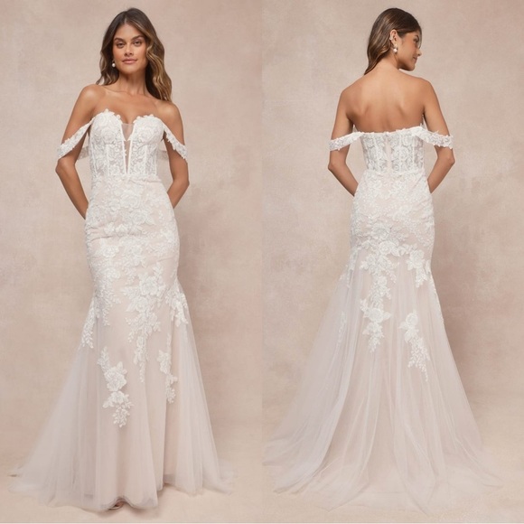 Sz 4 NWOT Lulus Endless Dedication White Embroidered Off-the-Shoulder Maxi Dress - Picture 3 of 10